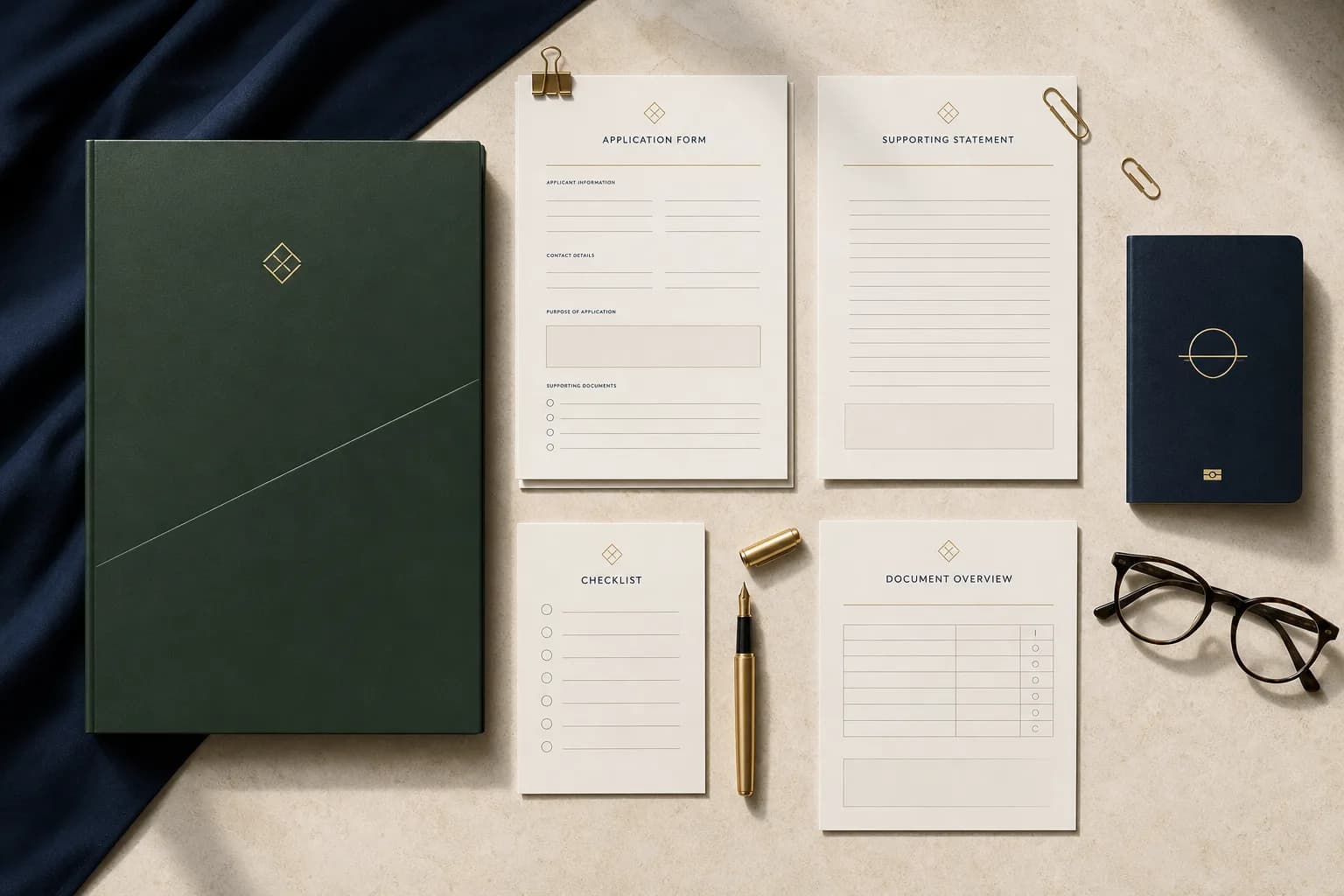 Document preparation workspace with Nigerian records and supporting paperwork