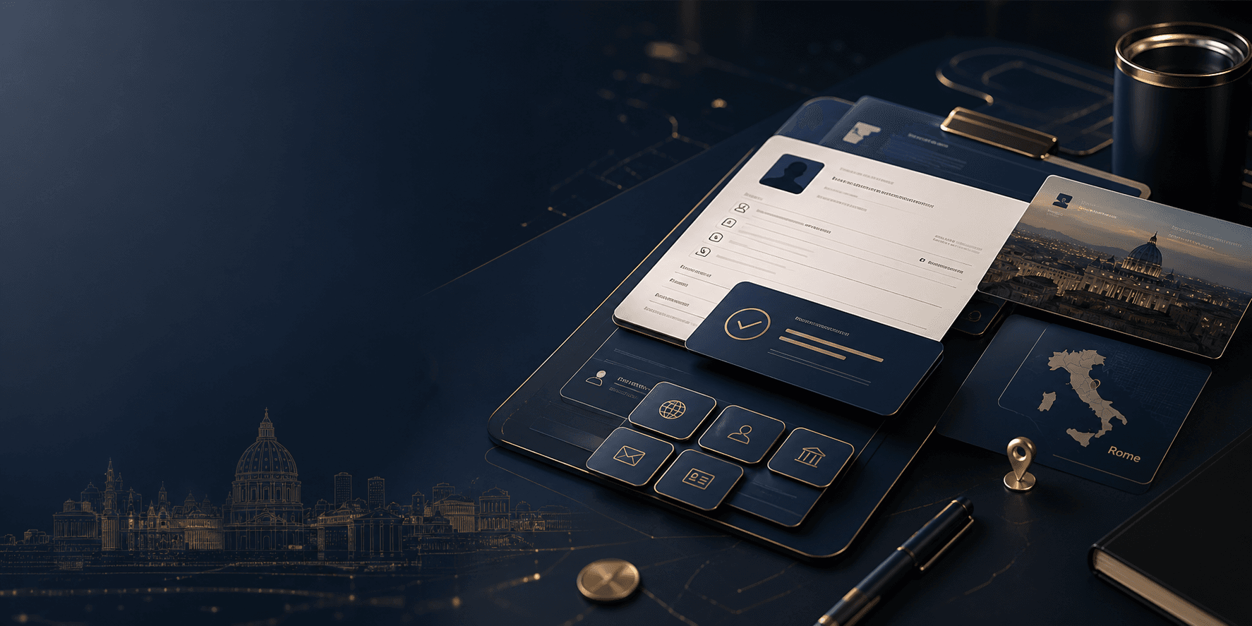 Abstract dark editorial background with gold and blue light leaks